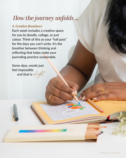 Person drawing in a journal with coloured pencils on a white surface, text overlay about creative breathing. your hall pass when writing words are difficult. Art therapy and creative wellness. 