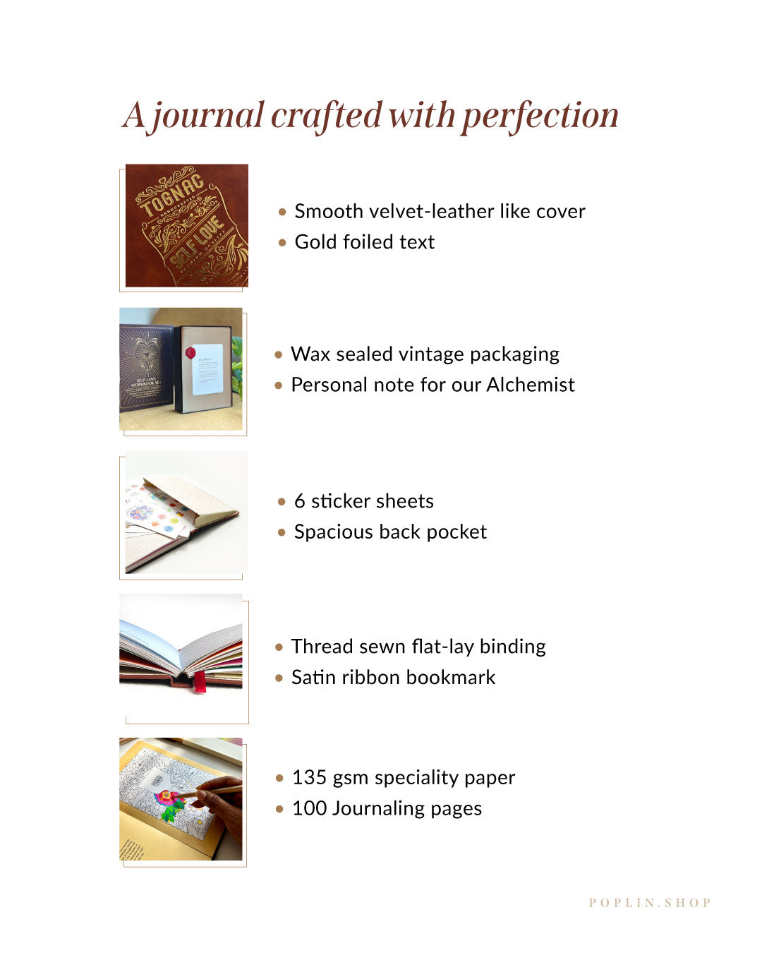 Journal with features listed on a white background