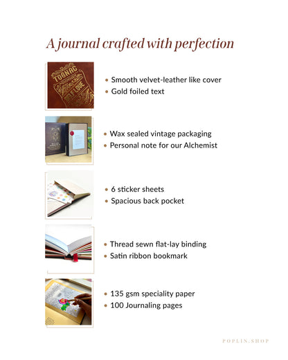 Journal with features listed on a white background