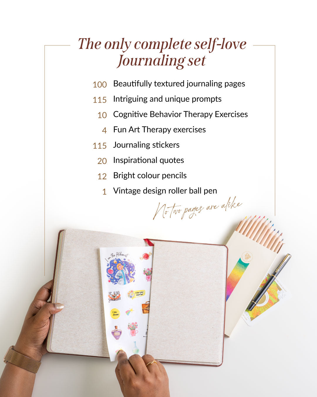 Journaling set with text listing features on a white background