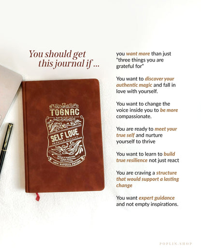 Brown journal with 'Self Love' design and  text on a white background. You should get this journals if you want expert guidance for gaining unbeatable self confidence and compassion