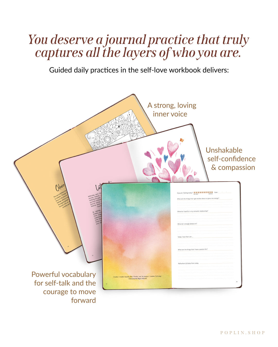 Self-love workbook with colourful pages and text on a white background