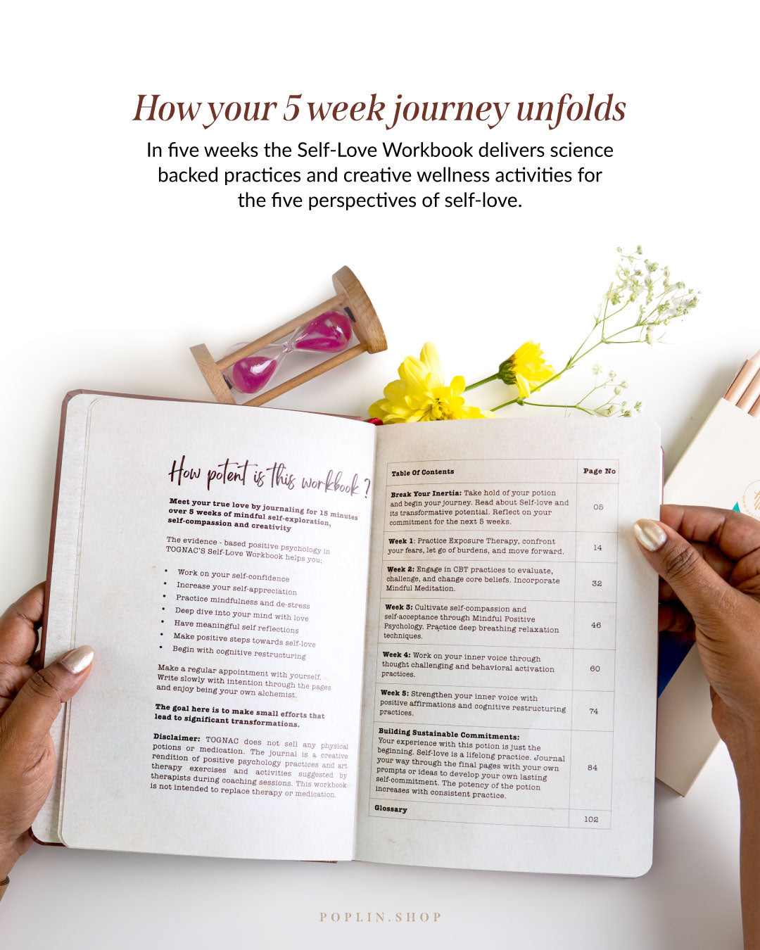 Open book with text on a white surface with yellow flowers and a sand timer. the contents of our journal, your guide to master self-love. 