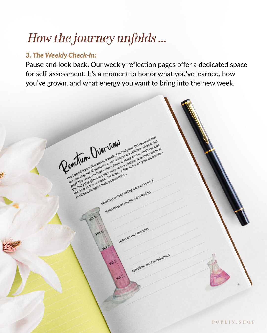 Open book with reflection page and pen on a white surface with flowers the weekly check in for reflections. 