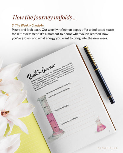 Open book with reflection page and pen on a white surface with flowers the weekly check in for reflections. 